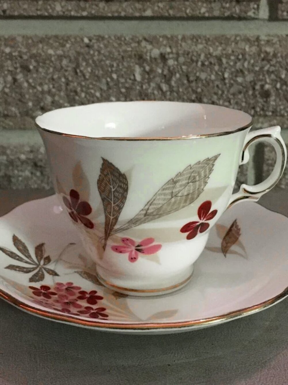 Royal Vale England Bone China Pink Blossom Brown Maple Teacup Saucer Vintage